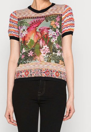 Strikket kortærmet top med farverige zigzag-ærmer, tropisk blomsterprint, to lyserøde papegøjer foran og mønstret kant, båret med sorte bukser.