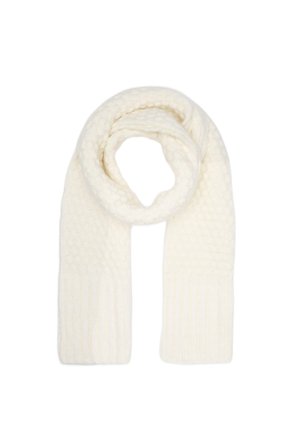 Écharpe tricotée blanche avec une section centrale à motif épais et des extrémités côtelées, fabriquée en tissu doux pour la chaleur et le confort.