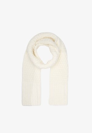 Witte gebreide sjaal met een chunky patroon in het midden en geribbelde uiteinden, gemaakt van zacht materiaal voor warmte en comfort.