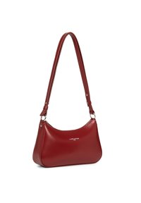 Borsa a spalla in pelle rossa con silhouette curva, tracolla regolabile e hardware in tonalità argento. Presenta un logo sottile sul davanti.