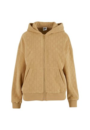 Kaki zip-up trenerka s teksturiranim uzorkom, dva prednja džepa i kapuljača s vezicom. Mekani materijal s rebrastim manžetama i donjim rubom.