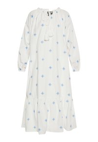 Witte katoenen jurk met blauwe ruitpatronen, lange mouwen, elastische halslijn, trekkoord met kwastjes en een gelaagd ruffle zoom.