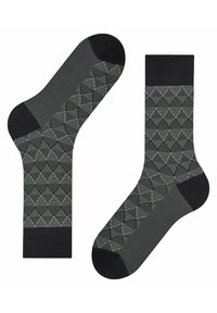 Kniestrümpfe in Dunkelgrau und Schwarz mit geometrischem Muster, das aus Dreiecken besteht. Hergestellt aus einem strukturierten Strickmaterial, mit geripptem oberen Rand.