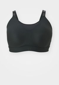 Sujeción deportiva negra con un acabado suave, diseño de escote en V, tirantes ajustables y una banda ancha que presenta el logo de Under Armour.