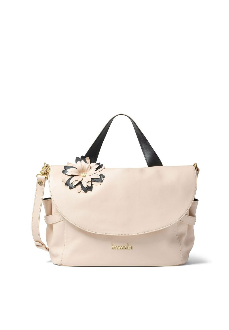 Borsa in pelle rosa chiaro con un accento floreale nero e crema, flap pieghevole, manico superiore e tracolla removibile. Dettaglio del logo in oro.