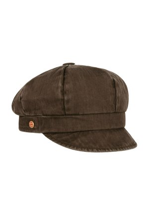 Brown corduroy newsboy cap with a short curved brim and a small round logo badge on the side band.