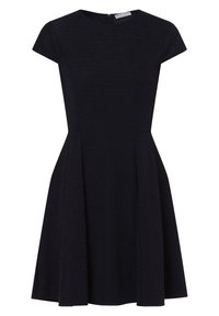 Kortärmad, A-linjeformad klänning i texturerat svart tyg med rund halsringning och blixtlås bak.