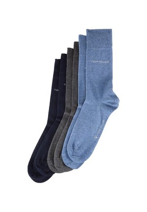 Five pairs of socks in varying shades of blue, gray, and navy. Made of soft fabric, with a ribbed texture and "TOM TAILOR" logo.