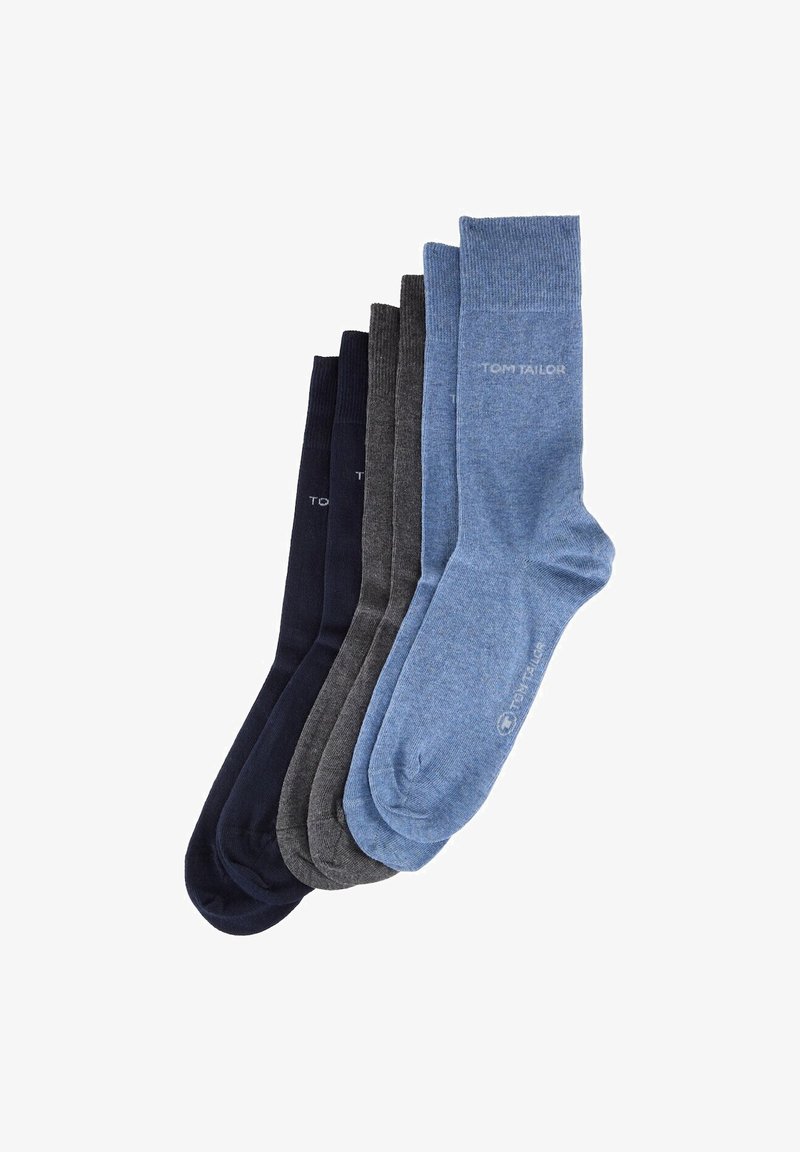 Cinque pere de șosete în nuanțe variate de albastru, gri și navy. Fabricate dintr-un material moale, cu o textură ribbed și logo-ul "TOM TAILOR".