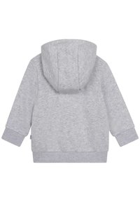 Šedá mikina s kapucí vyrobená z měkké, strukturované tkaniny. Má prostornou kapuci, dlouhé rukávy s žebrovanými manžetami a rovný lem.