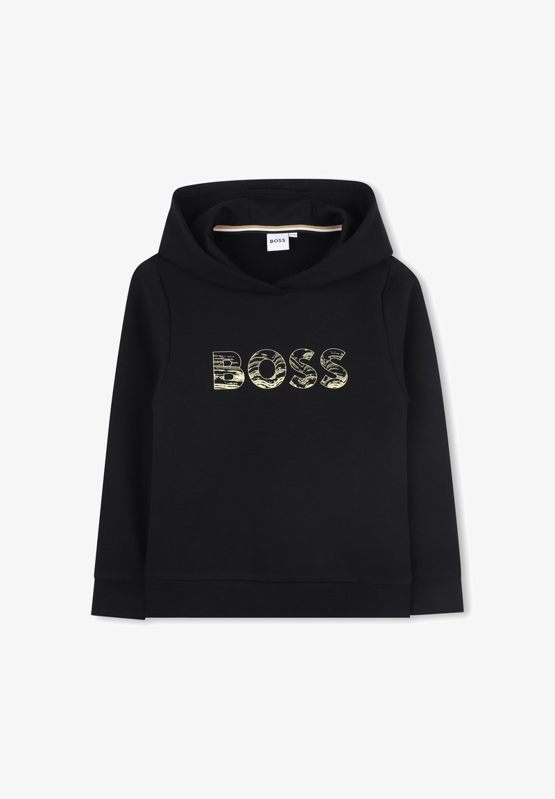 Melnā kapuce ar mīkstu tekstūru, priekšpusē ar lielu, teksturētu zelta "BOSS" logotipu. Regulējama kapuces aukla.