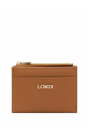Tan leather wallet with a textured finish, a gold zip closure, and an embossed LCREDIT logo on the front. Compact rectangular shape.