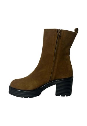 Brown suede ankle boot with side zipper, round toe, and chunky black ribbed heel. Smooth texture with a matte finish.