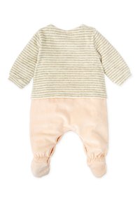 Top de manga larga a rayas en beige claro y gris, combinado con unos suaves pantalones de felpa melocotón. Incluye puños elásticos y diseño con pies para mayor comodidad.