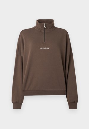 Brūns garām piedurknēm sporta džemperis ar augstu apkakli, priekšējo rāvējslēdzēju, ribām aprocēm un baltu "NAPAPIJRI" logo uz krūtīm.