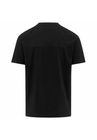 T-shirt nera a maniche corte realizzata in tessuto morbido, con un semplice scollo rotondo e un design posteriore senza cuciture.