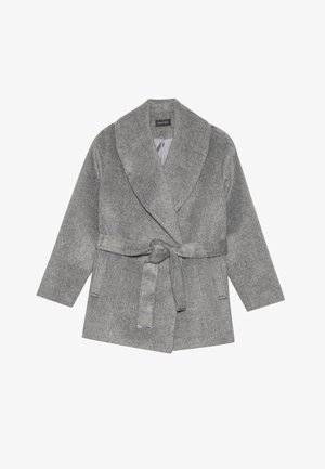 Szürke gyapjú keverék kabát sálgallérral, hosszú ujjakkal, megkötős övvel és oldalsó zsebekkel. Textúrált anyag, puha felülettel.