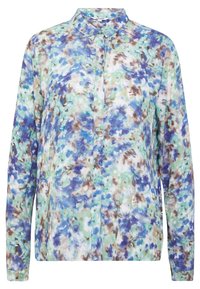 Long-sleeve shirt in a lightweight fabric features a floral pattern in blue, green, and brown, with a classic collar and button-down front.