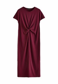 Burgundin väri mekko, jossa on lyhyet hihat, solmittu etusuunnittelu, suora siluetti ja polven alapuolelle ulottuva pituus. Silkkinen rakenne.