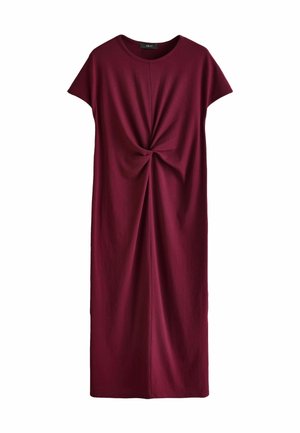 Robe en jersey bordeaux à manches courtes, dotée d'un design à l'avant noué, silhouette droite et longueur sous le genou. Texture lisse.