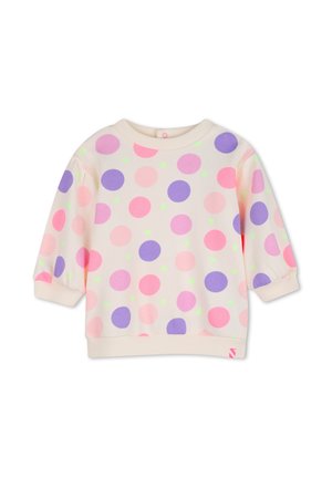 Jersey infantil con base color crema y grandes lunares rosa, morados y verde claro, con mangas largas y puños y dobladillo acanalados.