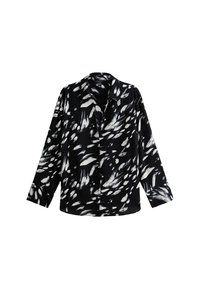Zwart-witte blouse met een vloeiend patroon, voorzien van een kraag en lange mouwen van een zachte stof.