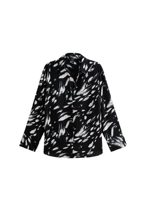 Svart och vit button-up skjorta med ett flödande mönster, med krage och långa ärmar av slätt tyg.