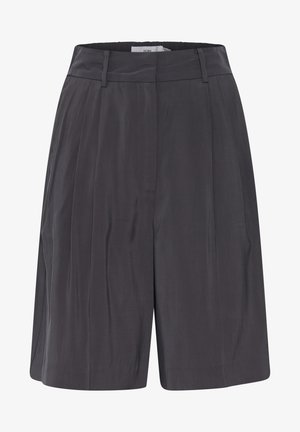 Pilkos pritaikytos šortai, pasižymintys lygiu paviršiumi, aukštu liemeniu, keliais klostėmis ir šoninėmis kišenėmis papildomai funkcionalumui.