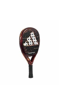 Padel racket with a black textured surface, red and orange accents, featuring large holes, and a rubber grip handle.