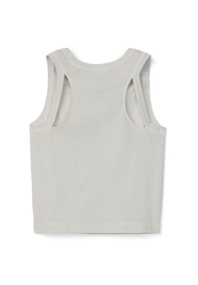 Débardeur sans manches en coton côtelé blanc avec larges bretelles et encolure ronde, vu de dos.