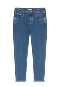 Blå denimjeans med smal passform, medelhög midja, fem fickor och sydda sömmar. Har en subtil blekningseffekt och metallhardware.