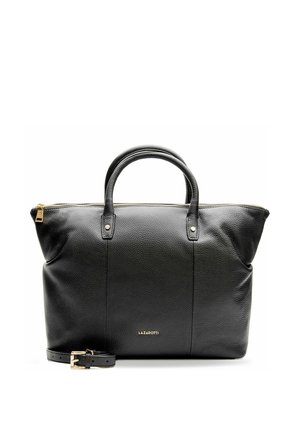 Sac à main en cuir noir avec deux poignées, une bandoulière amovible, une fermeture éclair dorée et un petit logo de marque doré "Lazarotti" à l'avant.