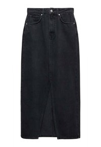Schwarzer Jeans-Midirock mit einem Schlitz vorne, fünf Taschen und einem Knopfverschluss. Hat eine gerade Passform und eine glatte Textur.