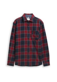 Langärmliges kariertes Hemd in Rot und Marineblau, mit einem Button-Down-Kragen, einer Brusttasche und Frontknöpfen aus weichem Stoff.