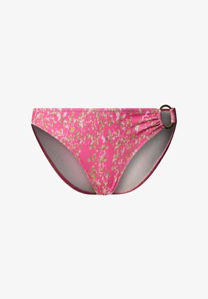 Bas de bikini rose avec un motif floral léger et un détail d'anneau en métal sur la hanche gauche, présenté sur un fond blanc.