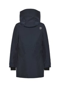 Navy blue long raincoat with hood, adjustable cuffs, and a small reflective logo on the upper back right side.