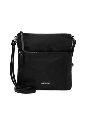 Black crossbody bag with two zippered compartments and adjustable strap, featuring silver-tone hardware and a small brand logo on front.