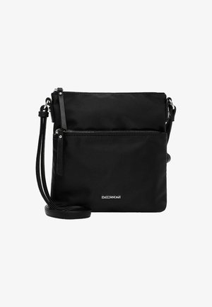 Black crossbody bag with two zippered compartments and adjustable strap, featuring silver-tone hardware and a small brand logo on front.