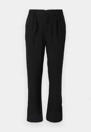 Pantalons noirs légers avec taille élastique et fermeture à bouton, présentant une coupe droite et un design minimaliste.