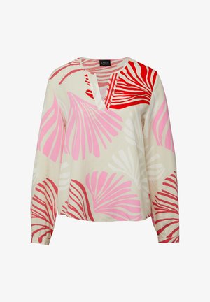 Long-sleeve blouse with cream base, featuring large pink and red abstract leaf patterns and a V-neck slit.