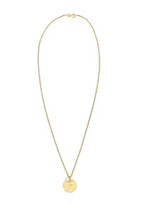 Halskette in Goldoptik mit einer gedrehten Kette und einem runden, strukturierten Anhänger mit einem kleinen Perlenakzent. Einfaches und elegantes Design.