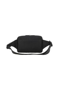 Borsa a tracolla nera in tessuto con tracolla regolabile, forma rettangolare, dotata di un compartimento principale con zip e una tasca frontale per ulteriore spazio di archiviazione.