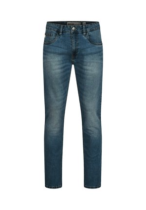 Men's blue slim-fit jeans with slight fading on thighs and knees, featuring front pockets, belt loops, and button closure.