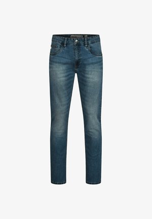 Men's blue slim-fit jeans with slight fading on thighs and knees, featuring front pockets, belt loops, and button closure.