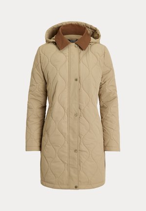 Bézs steppelt, középhosszú kabát barna kordbársony gallérral, patentos záródással, hosszú ujjakkal és rögzített kapucnival.