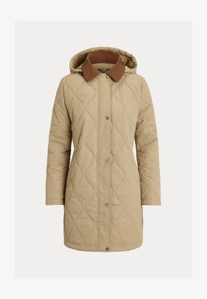 Bézs steppelt, középhosszú kabát barna kordbársony gallérral, patentos záródással, hosszú ujjakkal és rögzített kapucnival.