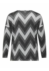 Grå og hvid langærmet skjorte med et zigzag-mønster, lavet af et blødt stof med en afslappet pasform og rund halsudskæring.