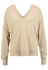 Pull beige clair en maille avec un large col en V, manches longues et ourlet côtelé. Le tissu semble doux avec une texture lisse.