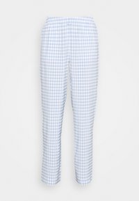 Blå och vita rutiga byxor med elastisk midja, raka ben, mjukt material och lätt tyg. Inga ytterligare detaljer eller fickor.