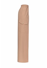 Høje, beige bukser med elastisk taljebånd, sidelomme, lige ben-design og glat stofstruktur.